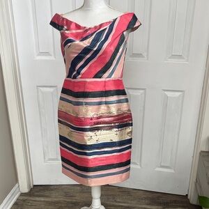 Adrianna Papell Pink and Gold One Shoulder Dress